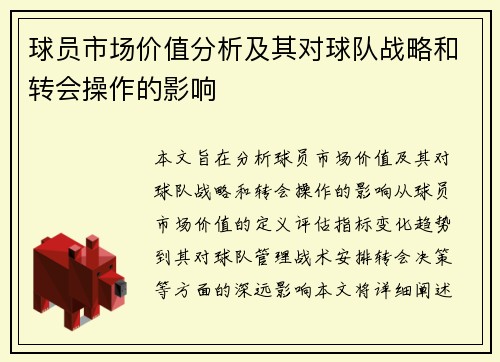 球员市场价值分析及其对球队战略和转会操作的影响 球员市场价值分析及其对球队战略和转会操作的影响