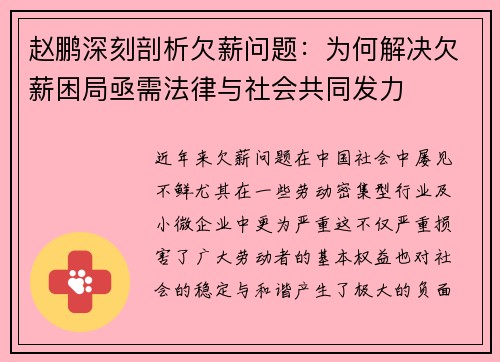 赵鹏深刻剖析欠薪问题：为何解决欠薪困局亟需法律与社会共同发力